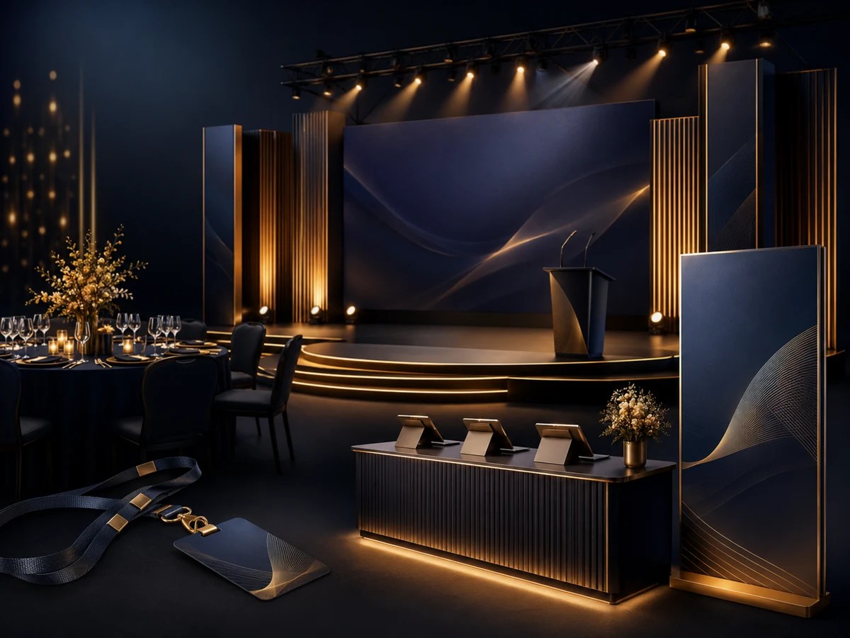 Premium event management stage and registration setup.