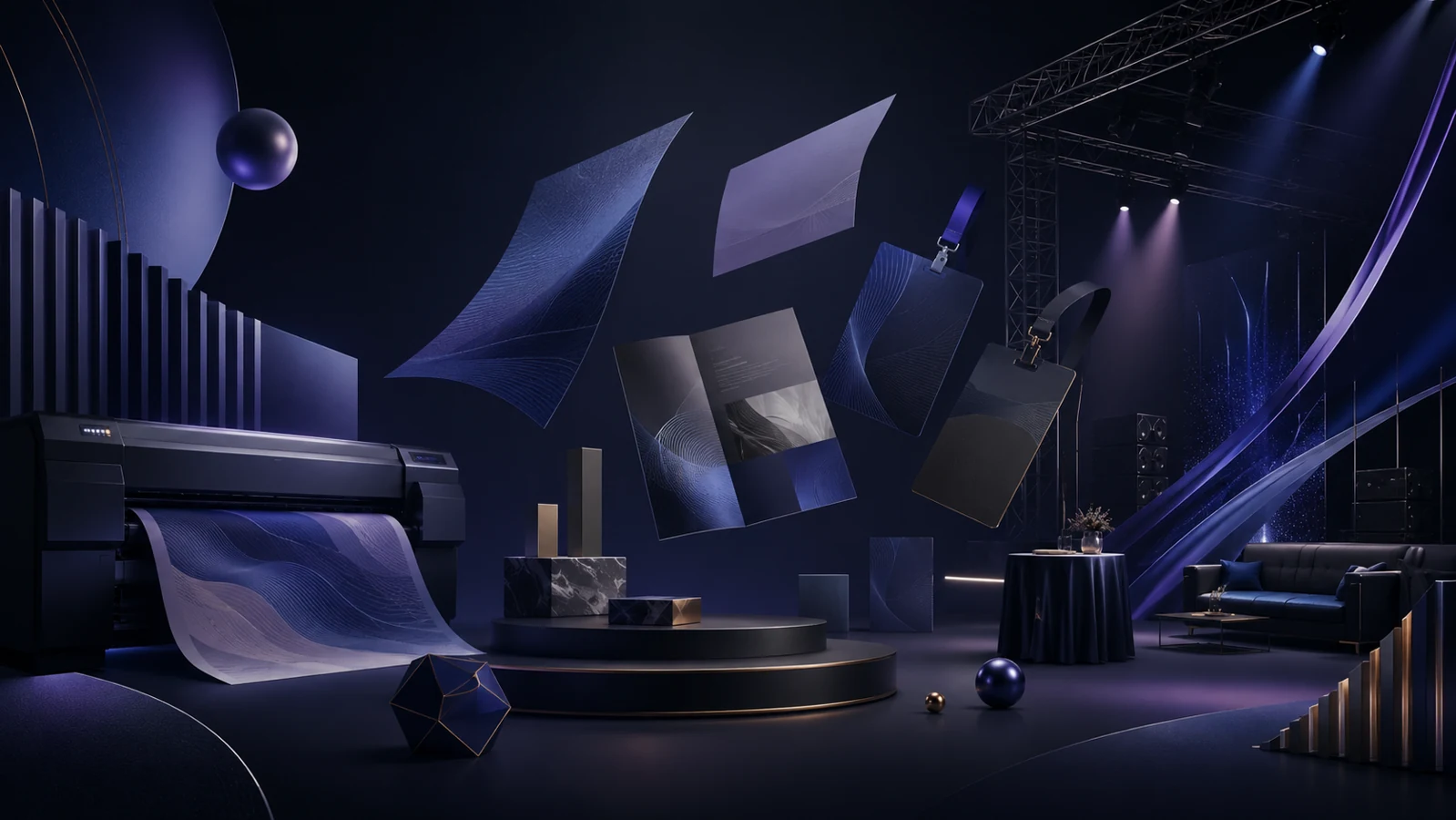 Premium creative studio concept representing printing, design, event management, and business services.