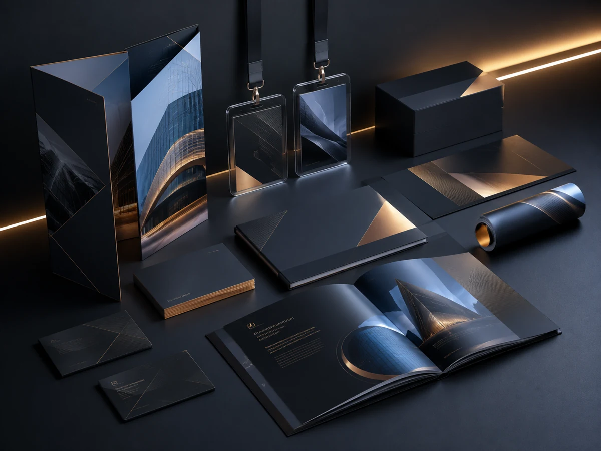 Premium printed materials including brochures, company profiles, business cards, and badges.