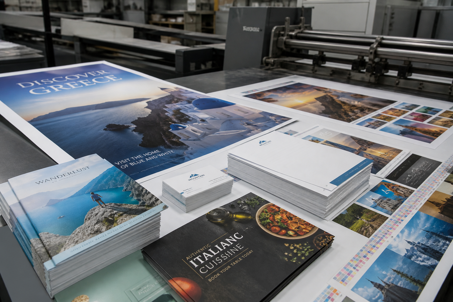 Printed posters, brochures and stationery from commercial print production