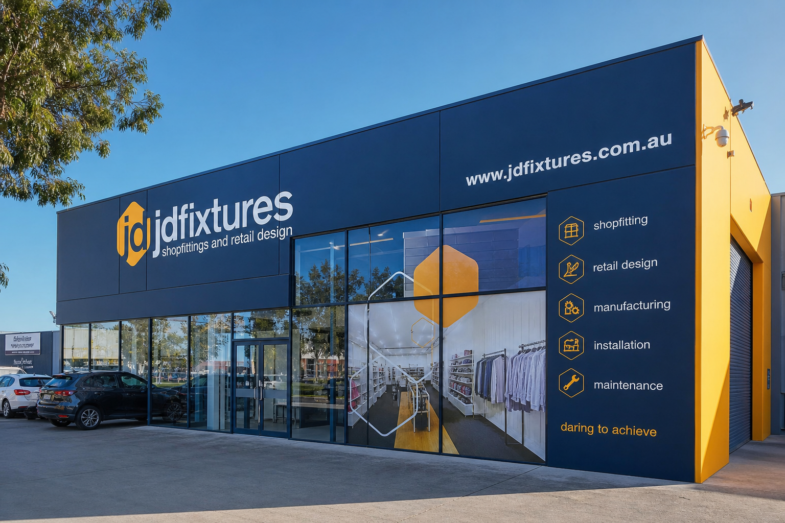 Commercial buildings with exterior vinyl branding