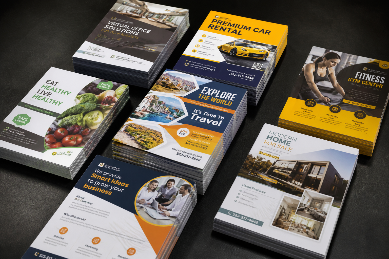 Stacks of printed promotional flyers