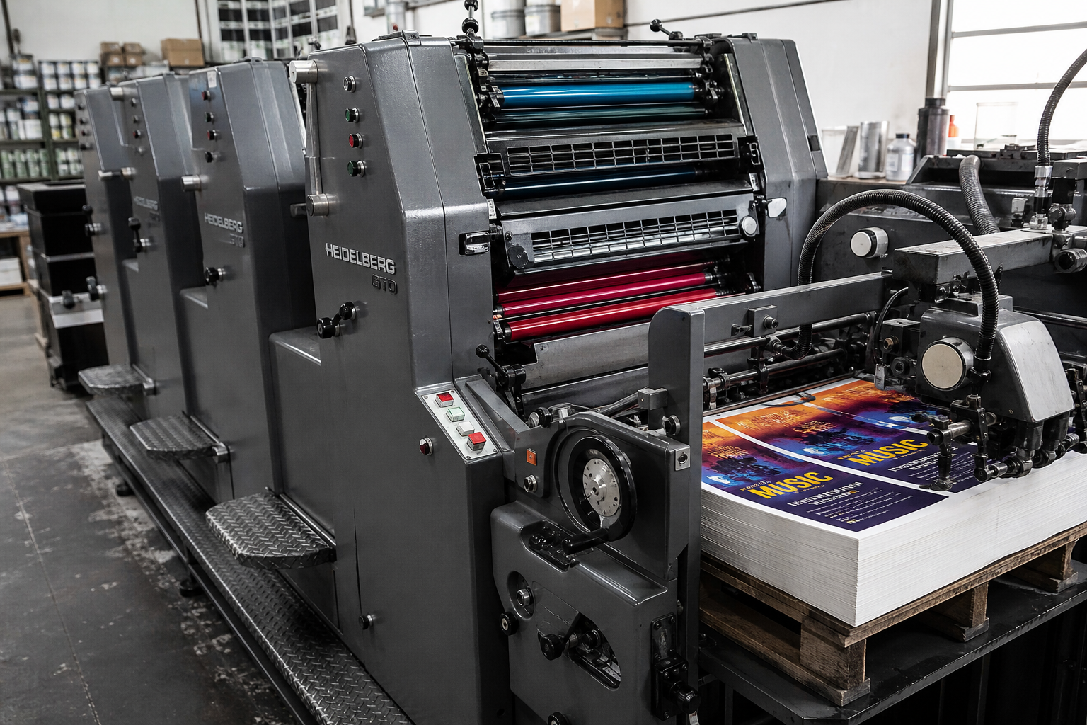 GTO offset machine printing posters in a print shop