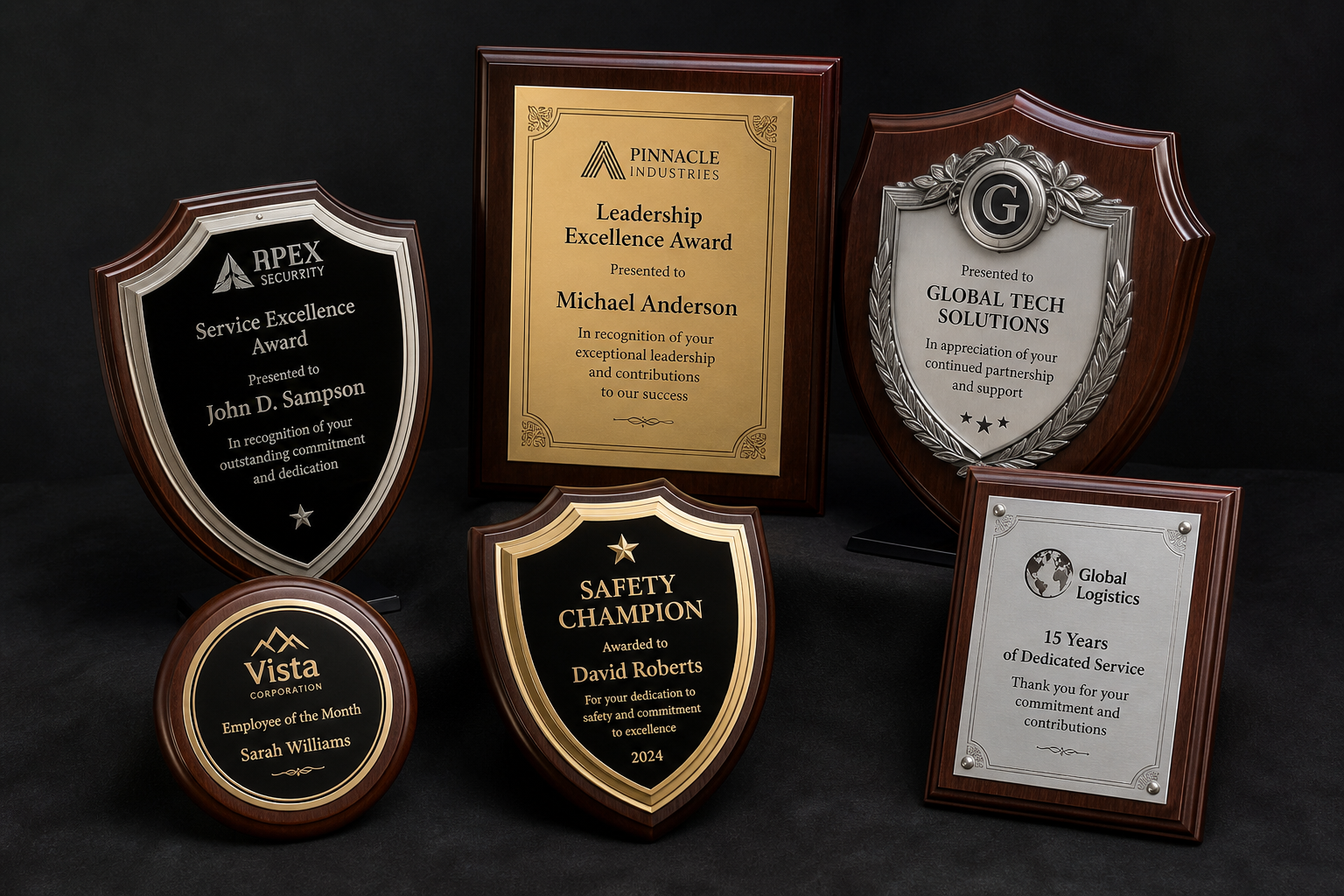 Wooden and metal souvenir shields and plaques